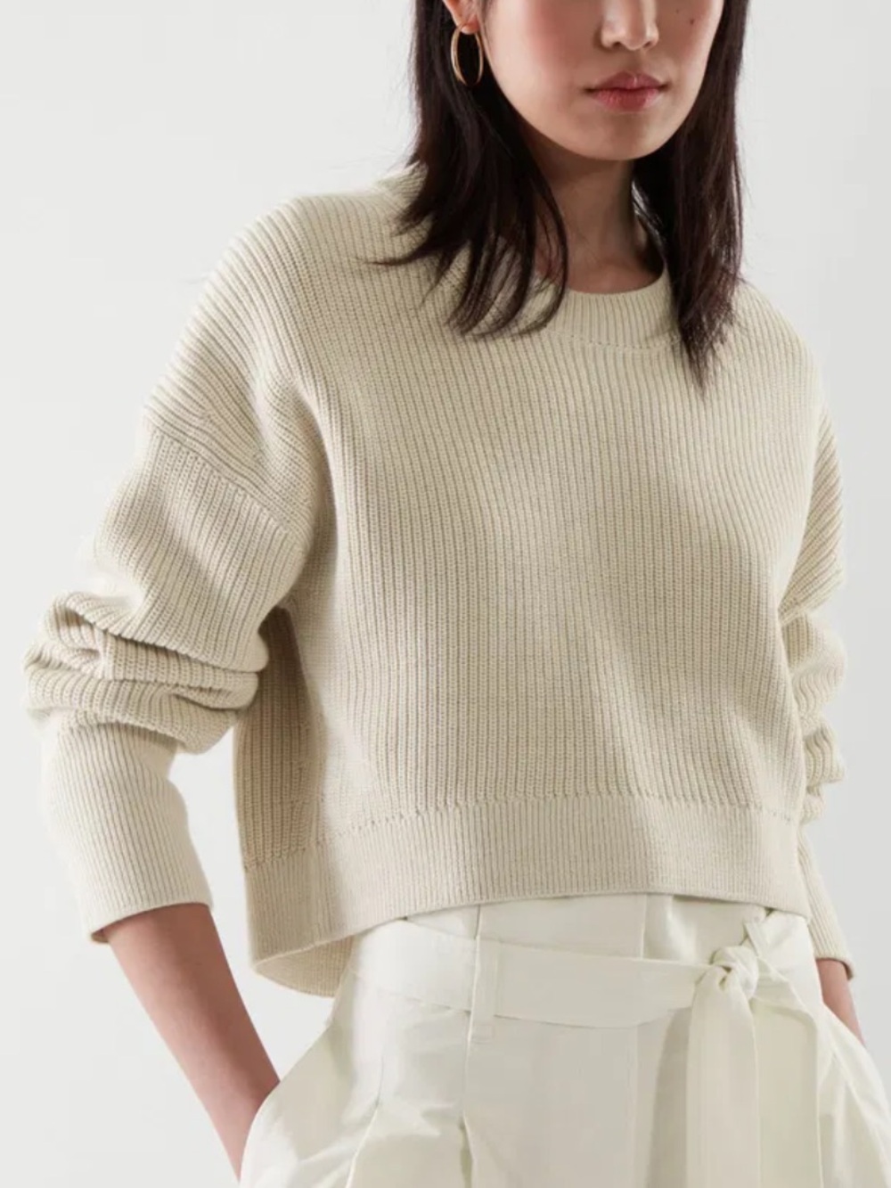 COS Cropped Knitted Jumper Ribbed Organic Cotton Sweater Crew Beige Slouchy-M